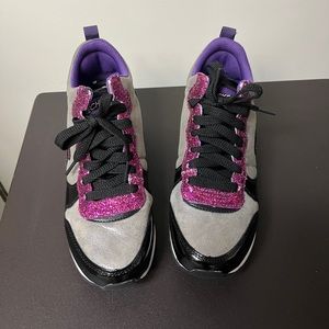 Purple pink and grey gray Skechers sneakers